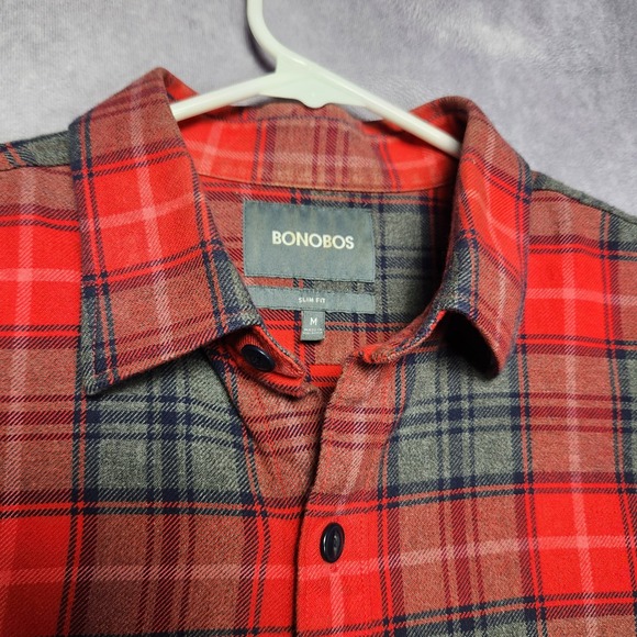 Bonobos Red Gray Plaid Flannel Slim Fit Long Sleeve Button Up Shirt Mens Medium - Picture 3 of 16